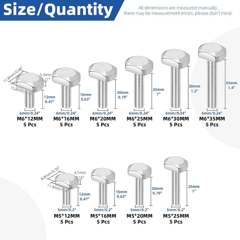 Glarks 50pcs M5 M6 T-Shaped Bolt Screw Set, 12/16/20/25/30/35MM Length 304 Stainless Steel T Shape Screws Hammer Head Bolt, Drop-in Stud Sliding T-Bolt, T-Slot Bolts for T Track - Image 2